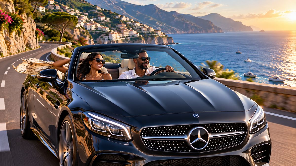 A couple driving a convertible along a coastal road