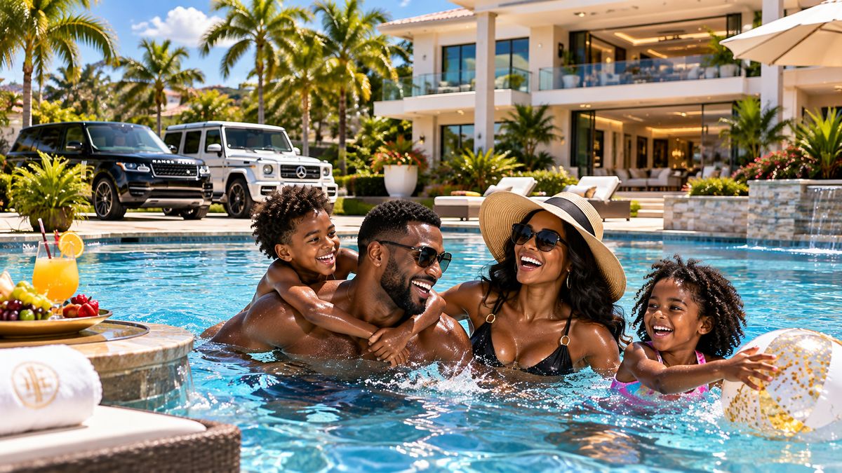A family together in the pool of their home on a bright afternoon