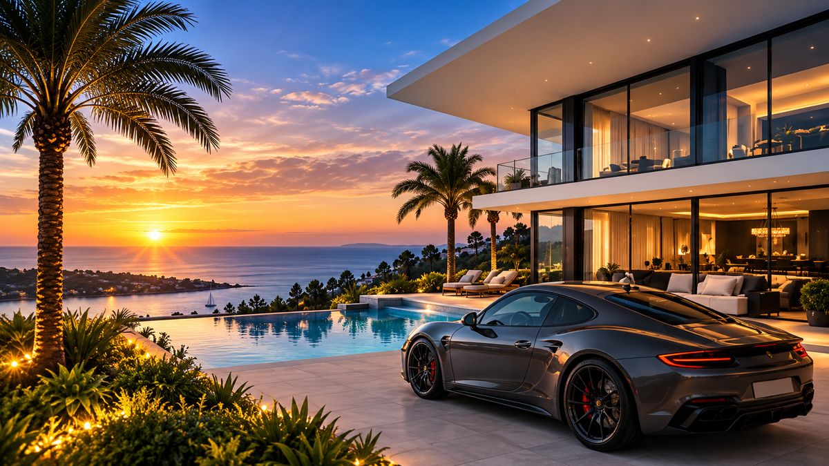 A hillside home at sunset with a sports car in the drive