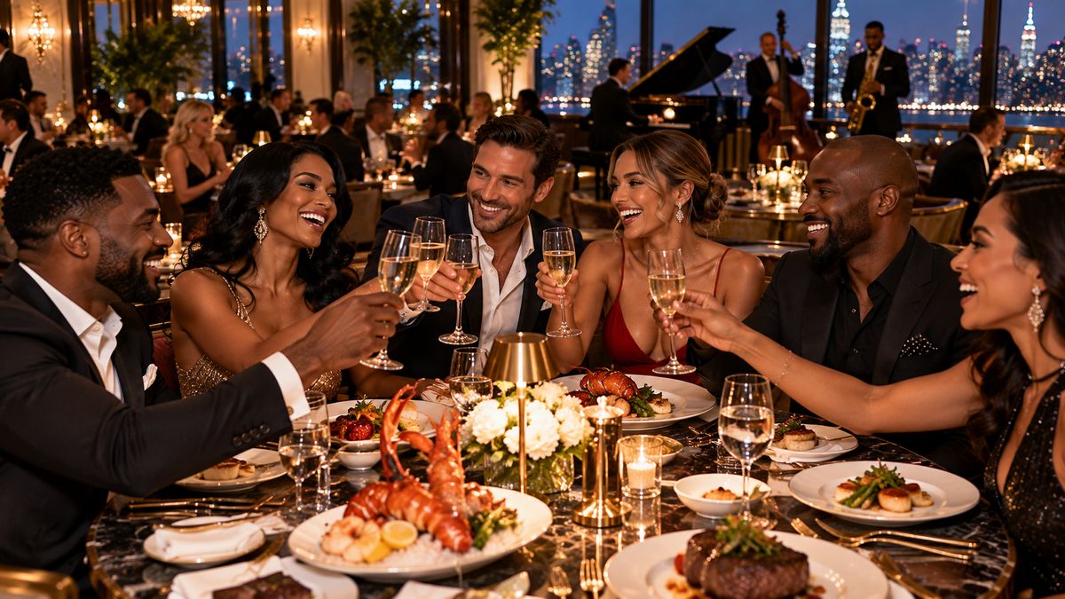 Friends celebrating together over dinner at a restaurant